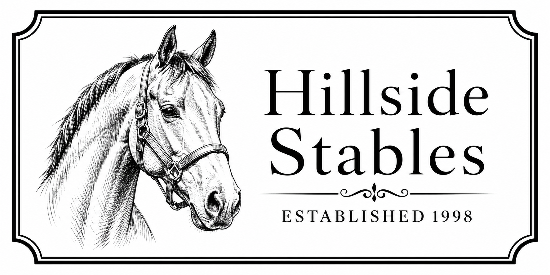 Personalised engraved sign with a horse design reading Hillside Stables