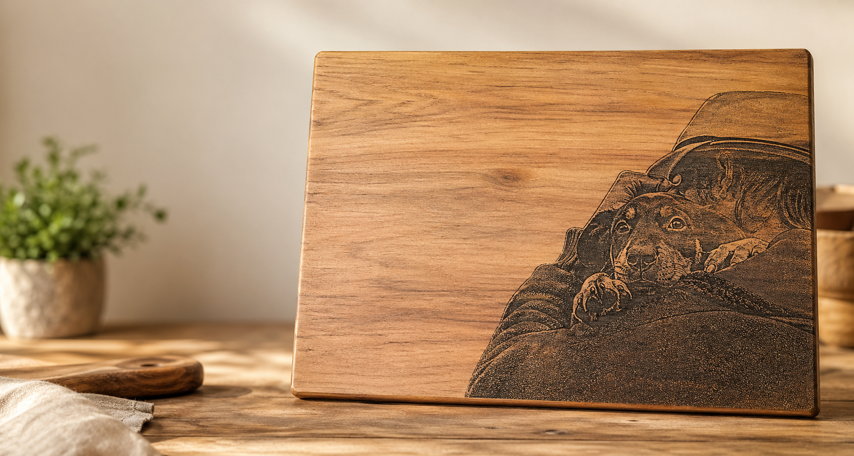 Wooden cutting board with a dithered dog engraving mockup