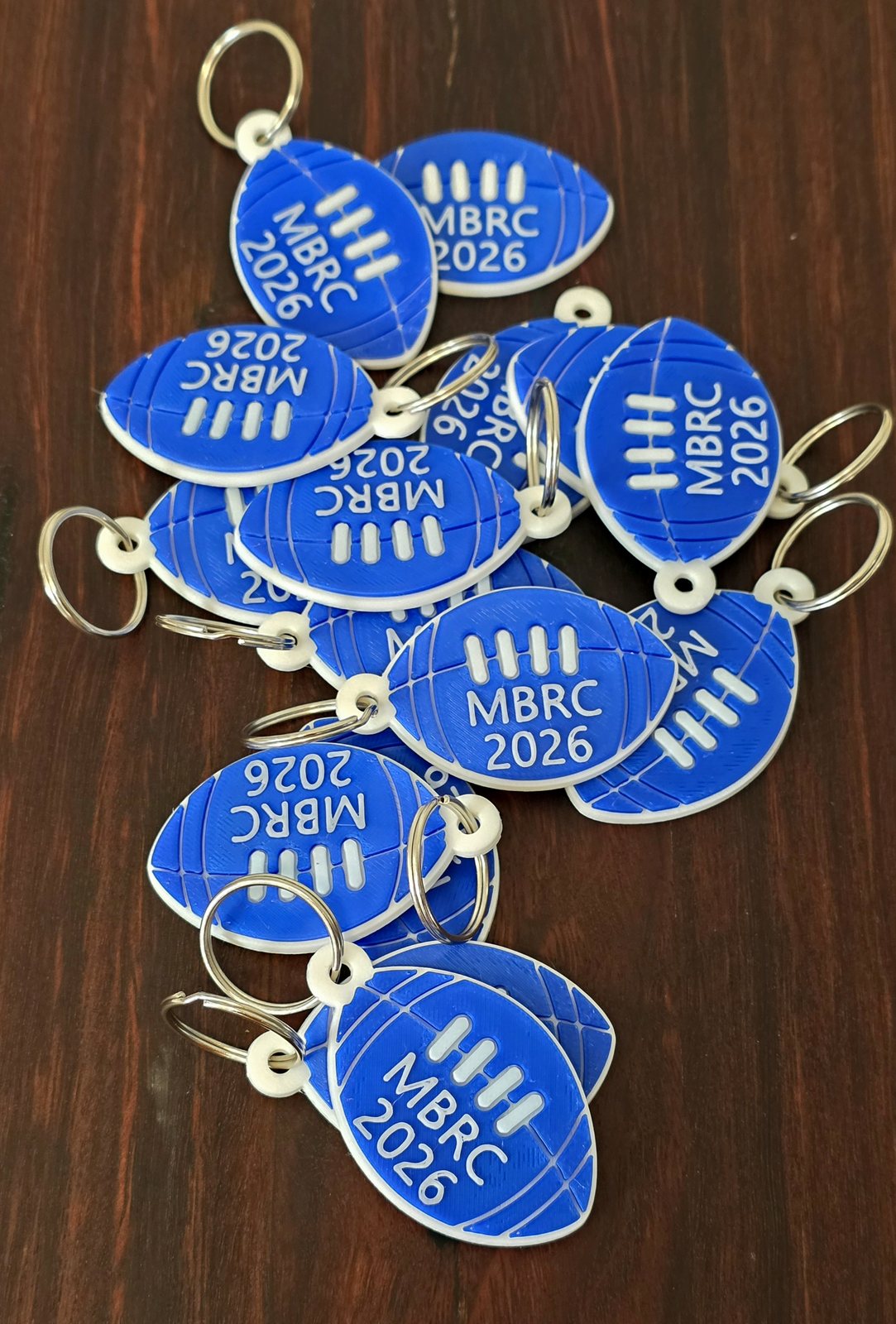 Blue and white personalised rugby ball keyrings