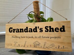 Grandad's Shed plywood sign with rope hanger