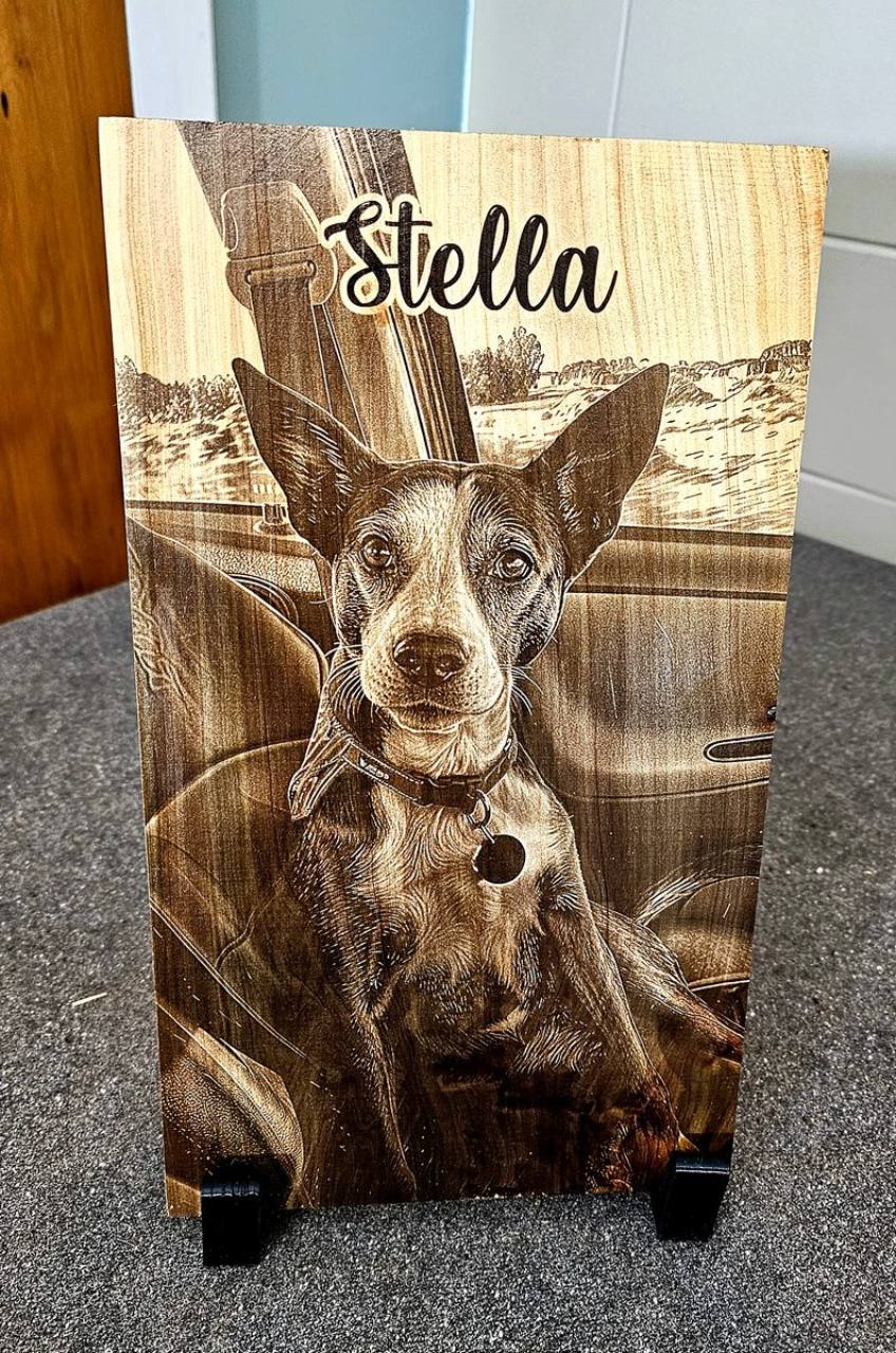 Personalised photo memorial engraved on macrocarpa
