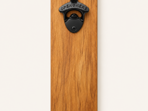 Vertical rimu board with a black wall-mounted bottle opener and top and bottom mounting screws. Illustrative mockup.